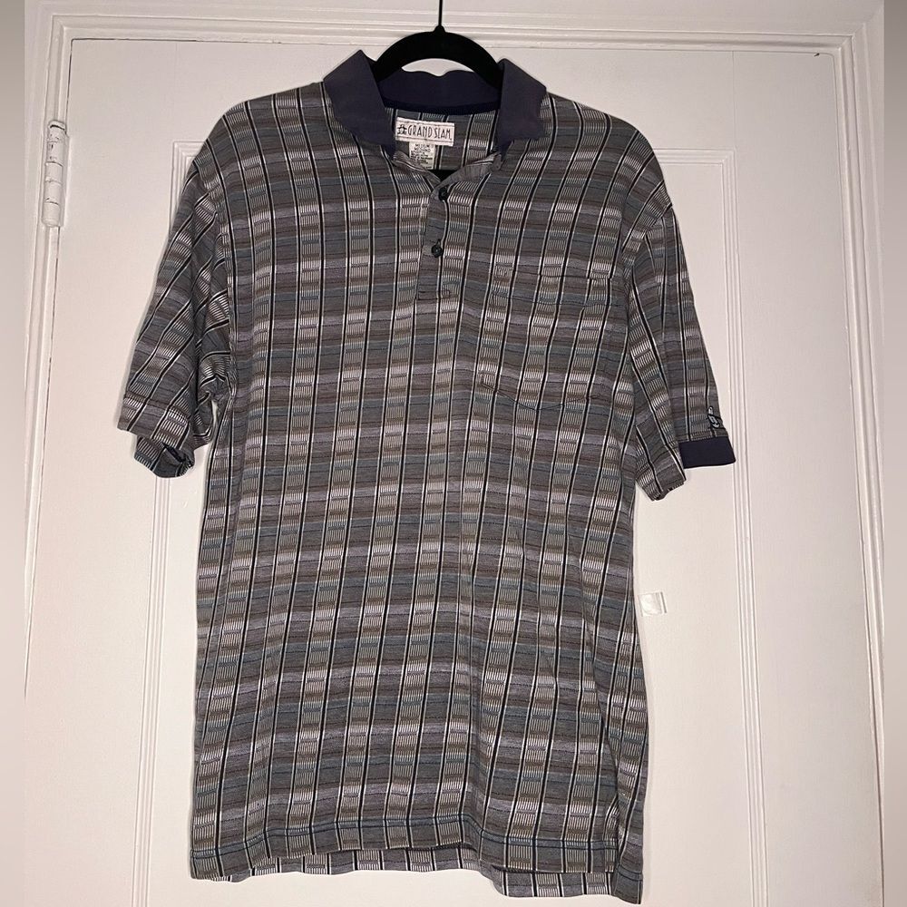 Grand Slam Men's Medium Polo Shirt Gray Blue Geometric Pattern Short Sleeve